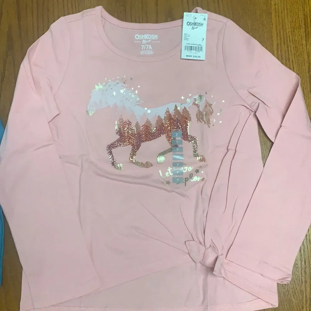 OshKosh Top Bundle Pink Long Sleeve Horse Teal Peace‎ Sign New 10 12 14